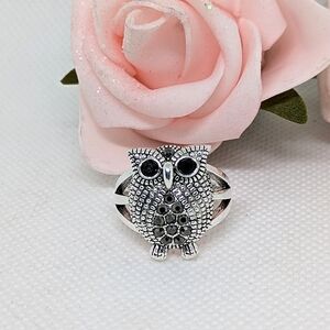 New Owl Cocktail Ring Silver Tone Black Jewels Size 8 Boho Festival Fashion